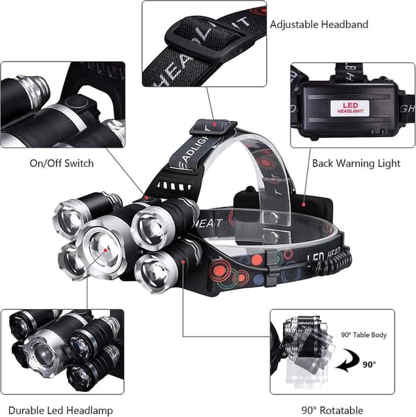 Oppladbar Hodelykt - 12000lm Kraftig Ultra USB Oppladbar 5 LED Hodelykt 4 Lysmoduser For Camping Jakt