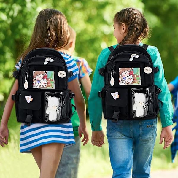 Kawaii rygsæk, Kawaii rygsæk med Kawaii nåle og tilbehør, Kawaii rygsæk til piger studerende, sød æstetisk rejserygsæk sort