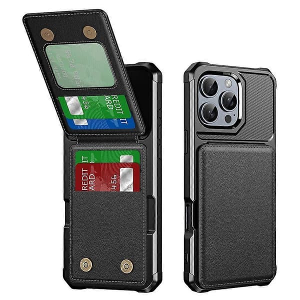 iPhone 16 Pro -kotelo korttipaikalla ja jalustalla, PU+TPU-puhelinkuori - Ruusukulta Black