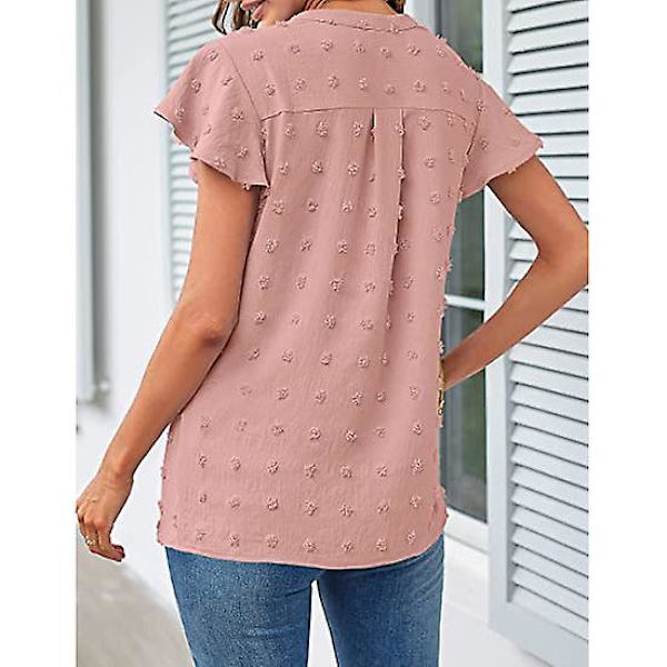 Sommerbluse for kvinner med V-hals, topp med korte volangermer Pink M