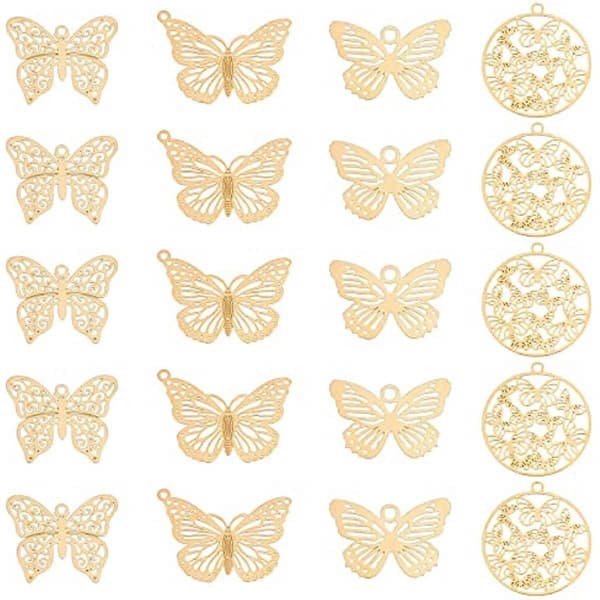 4 stk. 4 stiler rustfritt stål dyrevedheng gullfarge sommerfugl charms for smykkelaging