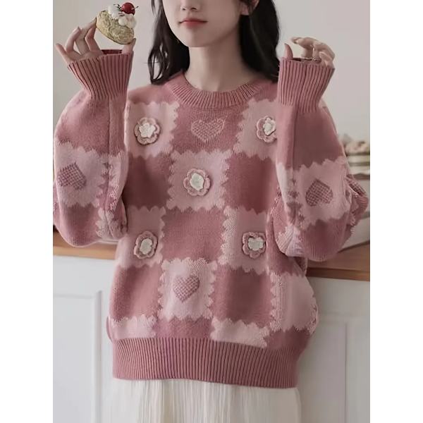 Blomstret patchwork-sweater til Valentinsdag, afslappet langærmet sweater, afslappede toppe til efterår og vinter, dametøj brown