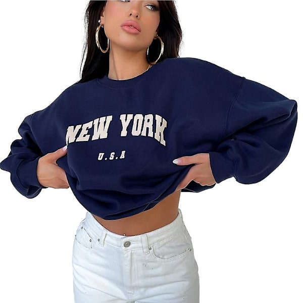 Dame Letter Print Langærmet Sweatshirt Toppe Pullovers Navy M