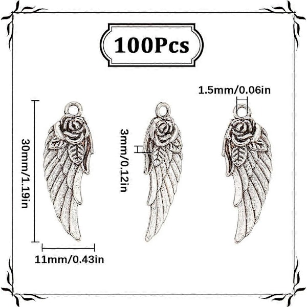 1 Ask 100 st Angel Wings Charm Silver Love Charms Alloy Tibetansk Rosfjäder Blomma Vinkel Ving Valentine Charms Bulk för Smyckestillverkning Charms Kvinnor D