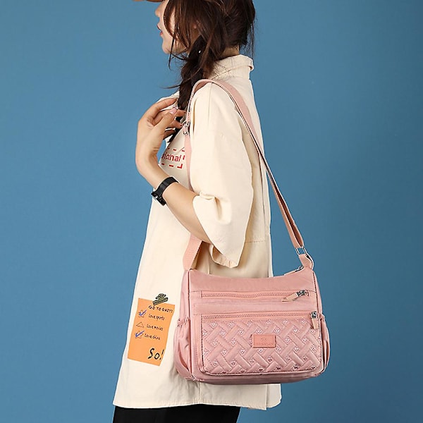 Kvinnor Crossbody Väska Multi-ficka Nylon Vattentät Lätt Casual Axelväska Handväska Portfölj Pink