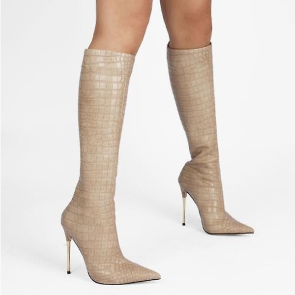 Dame Patent Læder Pu Høje Støvler Spids Tå Lynlås Bagpå Sexede Stiletstøvler Silver 38