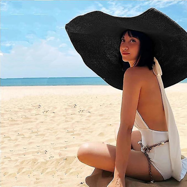Överdimensionerade strandhattar för damer Extra stor strandhatt med bred brätte Vikbar roll-up floppy solhatt Sommar utomhus svart