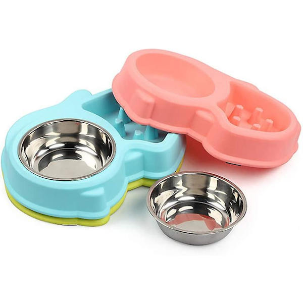 Dobbelt vand- og madskål 1 skål i rustfrit stål og 1 anti-glubsk skål til katte og små hunde (pink)