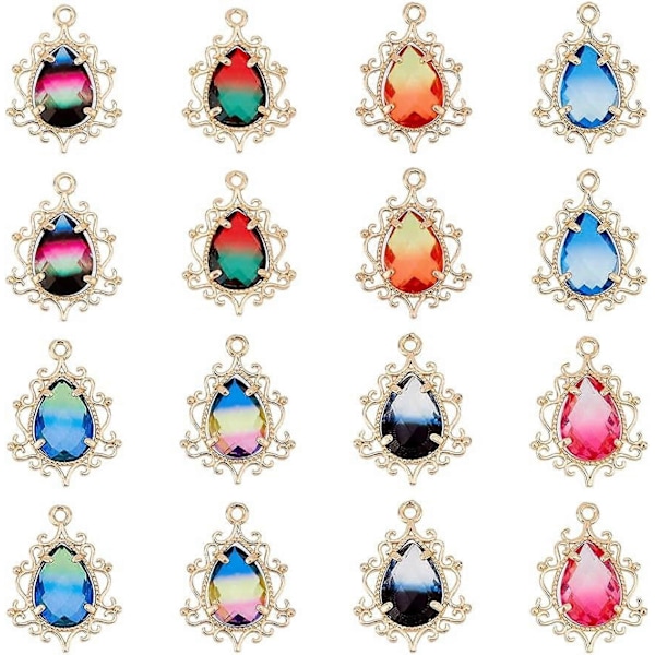 16 st 8 färger Tårförmad Kristallberlock Filigran Blomma Fack Charm med Färgade Facetterade Glaspärlor Glasberlocker