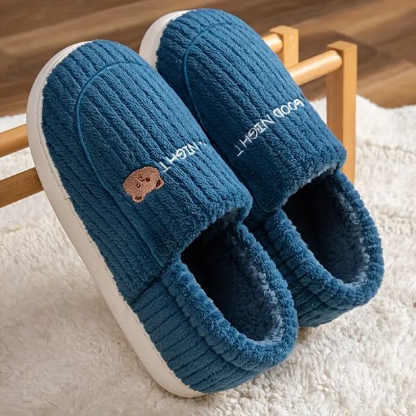 Söta björnplyschtofflor för kvinnor, fluffiga varma slip on inomhus halkfria skor, sovrumstofflor Dark blue EU44 45