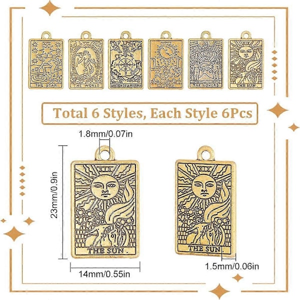 1 Ask 36 st Tarotkort Charm Tarot Charm Guld Tarot Charms Bulk Måne Sol Stjärna Charm Rektangel Lycka Amulett Charm för Smyckestillverkning Charms DIY Ea