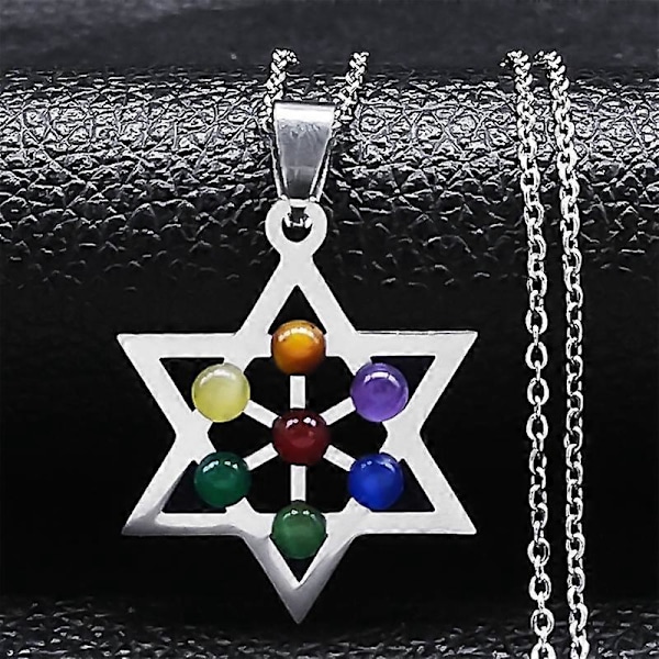 Helig Geometri 7 Chakra Metatron Hjärthalsband Livets Blomma Rostfritt Stål Opalsten Halsband Reiki Healing Smycken N1120S G 50CM O SR
