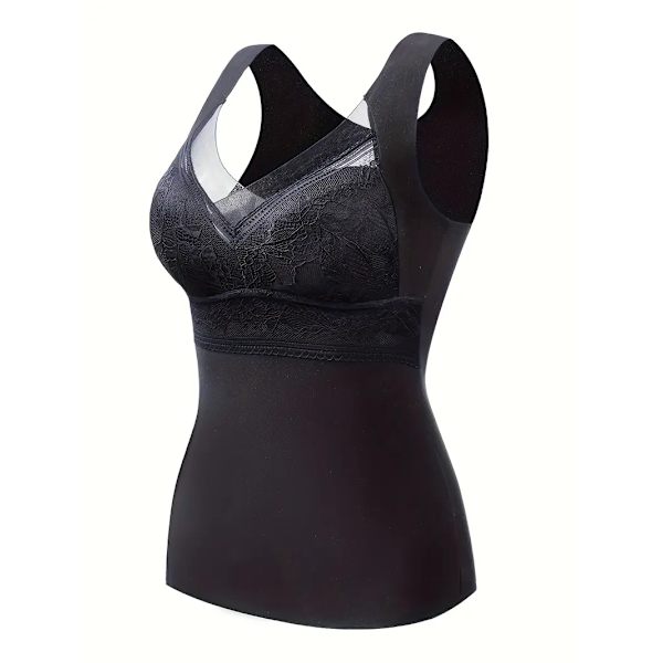 Spetsbroderad termisk underkläder, mjuk V-ringad ärmlös topp, damunderkläder & sovkläder black 2XL