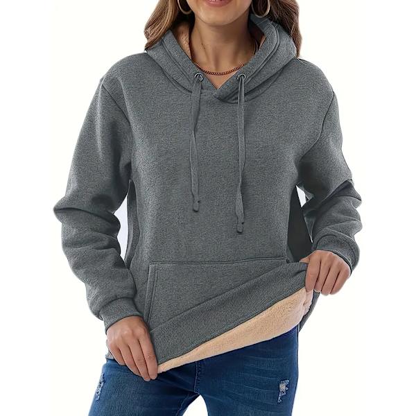 Solid Kangaroo Pocket Hettegenser, Casual Langermet Hettegenser For Høst & Vinter, Dameklær grey 2XL