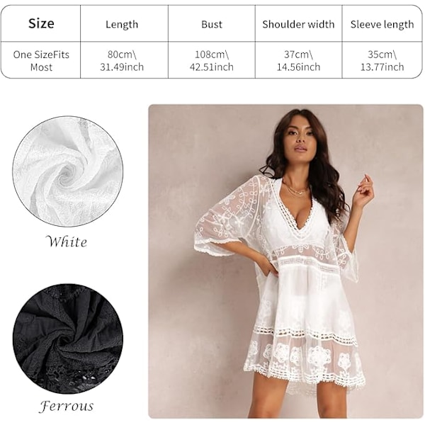 Strandklänning för kvinnor, spets V-ringad baddräkt transparent, strandponcho bikiniöverdrag, elegant sommarklänning för badmode, strandsemester vit