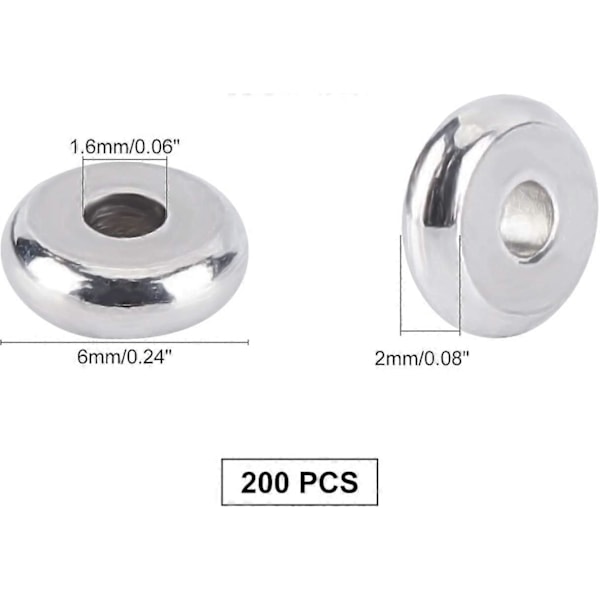 200 stk. 6mm Rondelle Spacer Perler Rustfritt Stål Løse Perler 1.6mm Hull Perlefunn for DIY Armbånd Halskjeder Smykkelaging Rustfritt Stål Farge