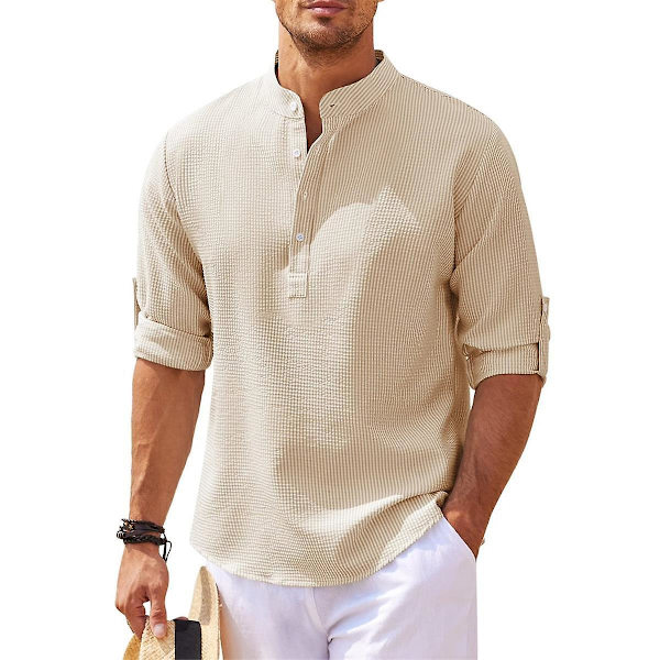 Herr Casual Button Down Skjortor, Långärmad Stående Krage Business Skjorta Khaki 4XL