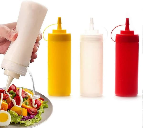 3 st 12 oz plastflaskor med munstycken, återanvändbara klämflaskor för kryddor (300 ml)
