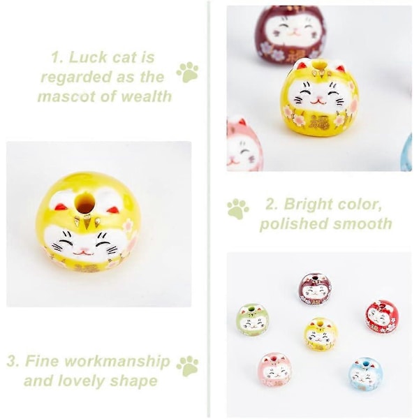 12 stk. 6 farver Lucky Cat Keramiske Perler Maneki Neko Porcelænsperler Håndlavede Fortune Cat Perler DIY Spacer Perler Løse Perler til Smykkefremstilling Halskæde
