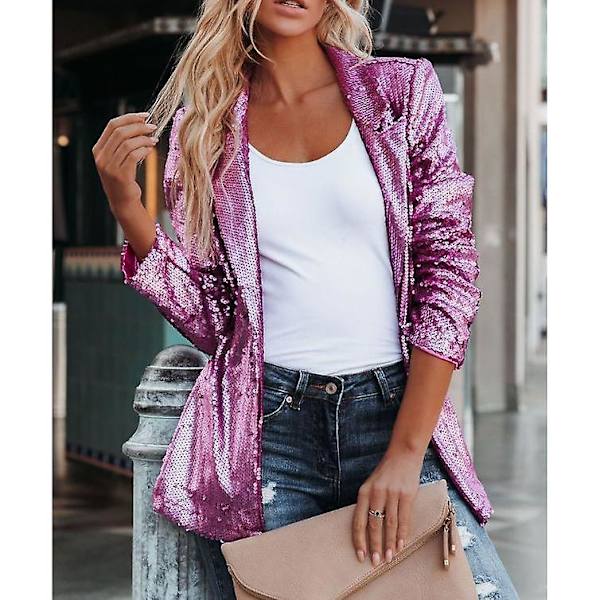 Kvinnors Sequinjacka, Glitter Sparkle Casual Långärmad Blazerrock Pink S