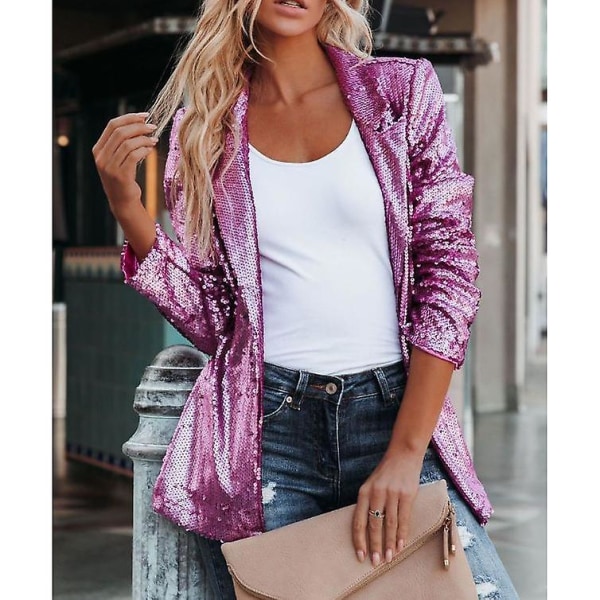 Kvinnors Sequinjacka, Glitter Sparkle Casual Långärmad Blazerrock Pink XL