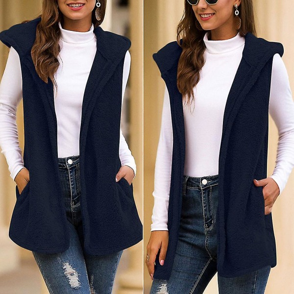 Kvinnor Plysch Hooded Väst Casual Vinter Höst Varm Ytterkläder Solid Coat Ny M C