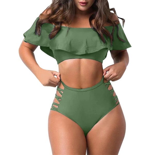 Naisten röyhelöinen olkaimeton seksikäs uimapuku kaksiosainen bikini Green M