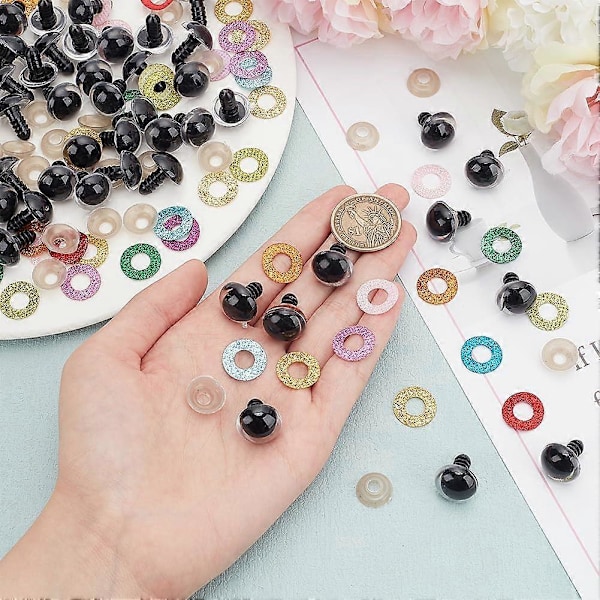 100 st Plastögonsäkerhet 10 Färger Fyllda Glitter Djurögon Halvrunda Hantverk Virkade Ögon med Tyg och Plastögonskivor