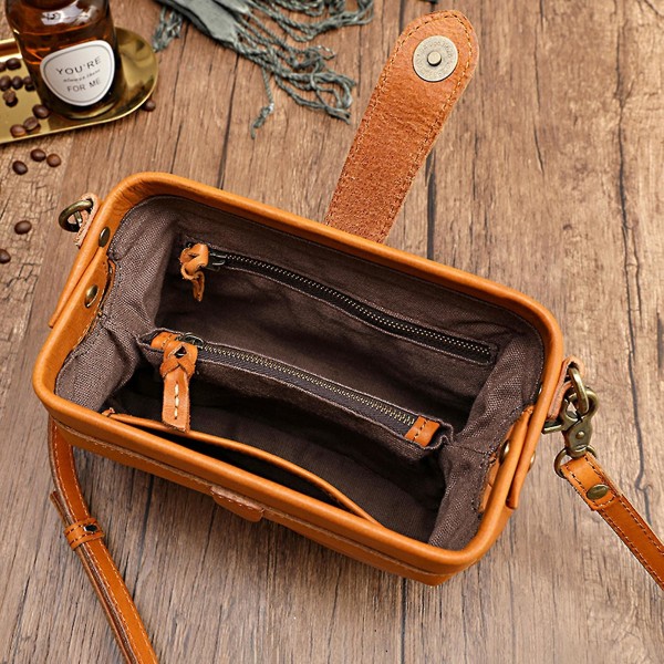 Premium läder Retro handgjord väska Unik öppning liten Crossboy-väska för kvinnor Coffee