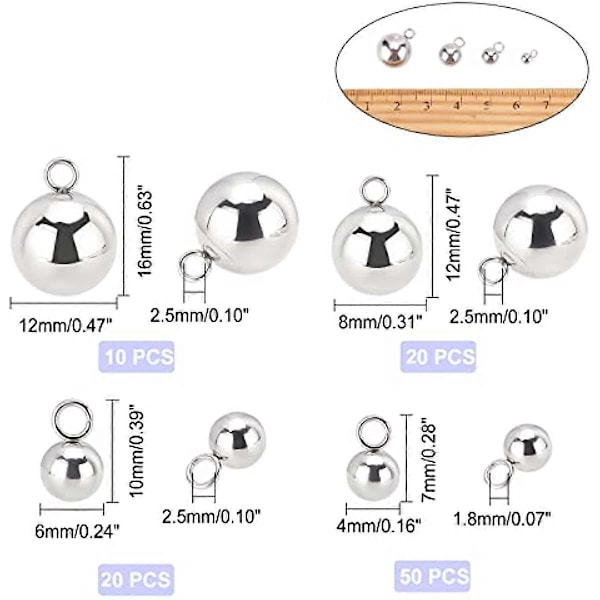 100 st 4 Storlekar Rostfritt Stål Kul Charm Runda Metall Hängsmycken Hängande Charm för Halsband Armband Smyckestillverkning Rostfritt Stål Färg 1,8-2,5 mm Hål