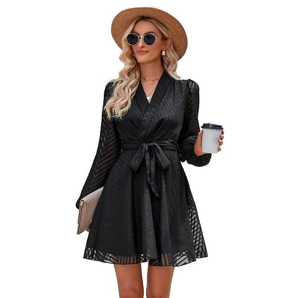 Kvinnor Wrap V-ringad klänningar Hög midja Swing Kort klänning Black S