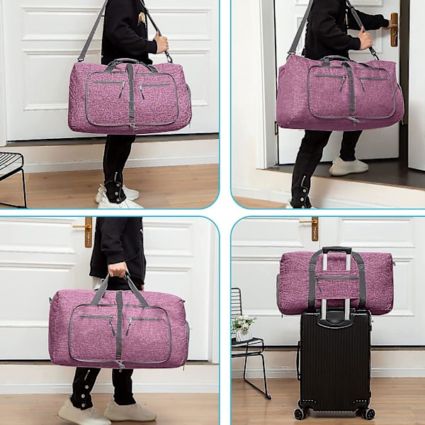 Reise-Dufflebag for menn, 65l sammenleggbar reise-duffelbag med sko-rom nattpose for menn kvinner vanntett og rivebestandig Purple