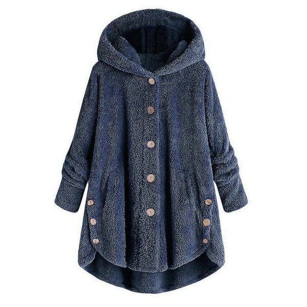 Kvinnors vintervarma fluffiga överrock knappjacka toppar lös huva ytterkläder 4XL H