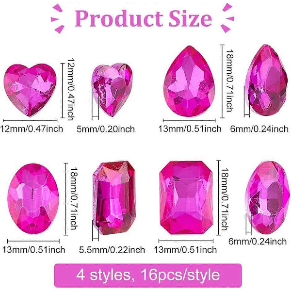 64 kpl 4 muotoa Teräväkärkisiä strasseja 18mm Lasistrasseja Jalokiviä Fuksia Suorakulmio/Pisara/Sydän/Soikea Koristeita Hopeapinnoitetulla Pohjalla
