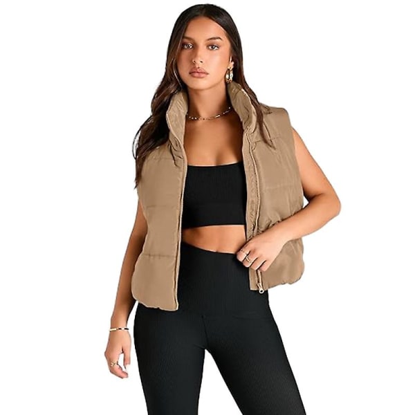 Puffer väst dam ärmlös vinter beskuren ståkrage dun ytterkläder Khaki XL