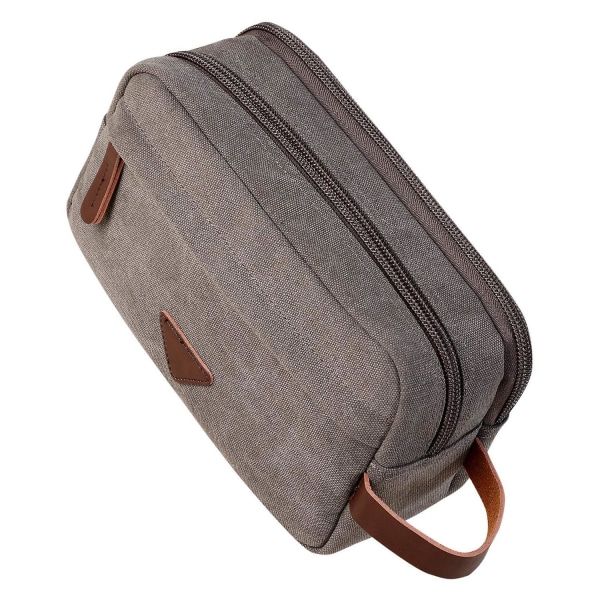 Mænds Rejsetoilettaske Med Dobbelt Rum Canvas Læder Kosmetik Makeup Organizer Barber Dopp Kits - Grå