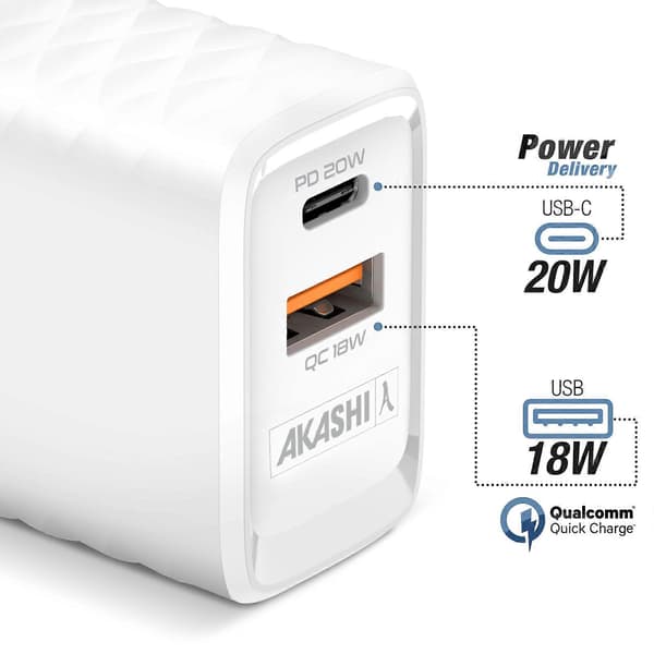 Dobbel lader USB-A QC 3.0 + USB-C PD 20W Hurtiglading Akashi hvit White
