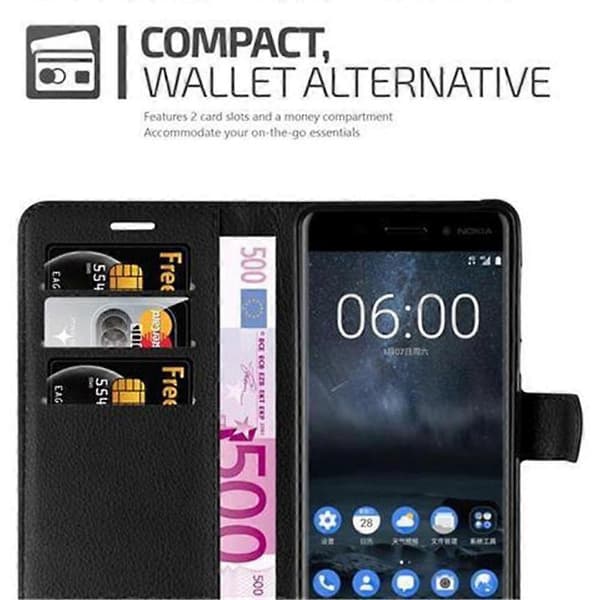 Nokia 6 2017 Fodral - Skyddsfodral med Kortfack och Ställfunktion PHANTOM BLACK