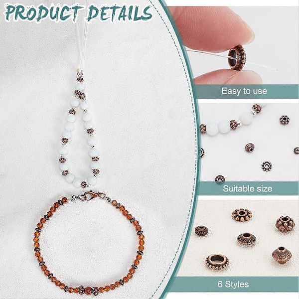 300 st Tibetanska Distanspärlor 6 Stilar Röd Koppar Distanspärlor Legeringspärla Bicone Donut Rondelle Distanshållare Smycken Lösa Pärlor Metallhantverkspärlor för Armband