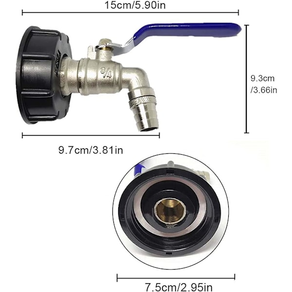 1000l Tankhane, til IBC regnvandsopsamler, dræntankadapter, messinghane lavet af PP grovgevind 60 mm (blå 3/4\")