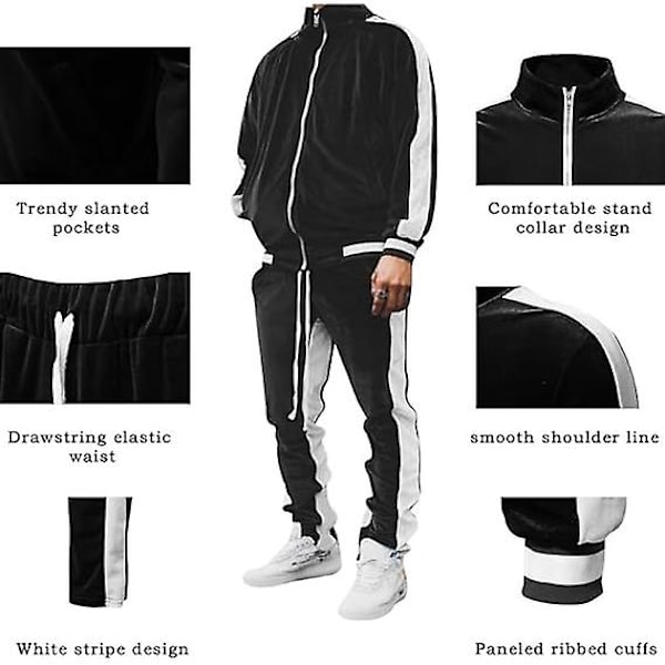 Mjukisdress i sammet för män, avslappnad jacka och byxor Black M