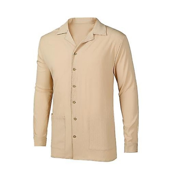 Herre fritidsskjorte langermet lapell krage strandskjorte topp Khaki 2XL