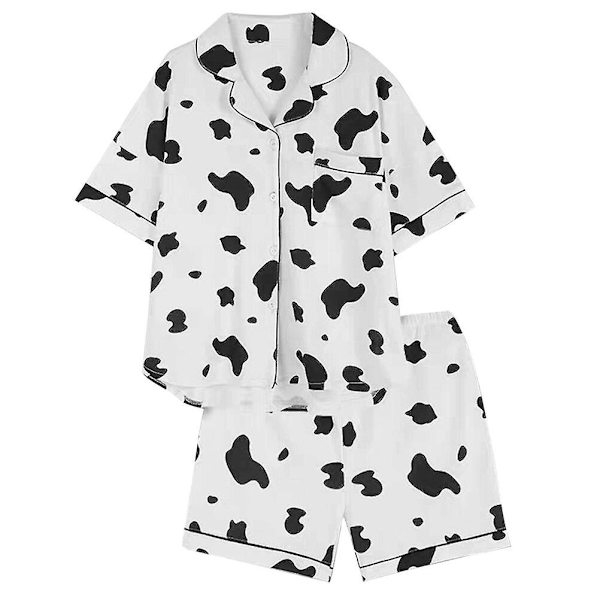 1 setti 2 kpl kesä naisten pyjamat sarjakuva lehmä pyjamat puuvilla neuletakki lyhythihainen shortsit rento kotiasu kaksiosainen setti (valkoinen musta koko Xxl) Black XXL