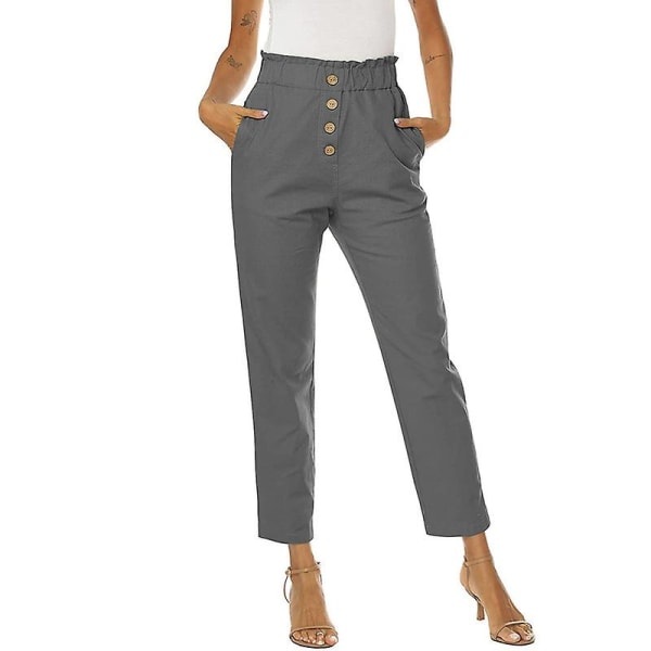 Dame Rynket Høy Midje Casual Bukser Elastiske Bukser Grey XL