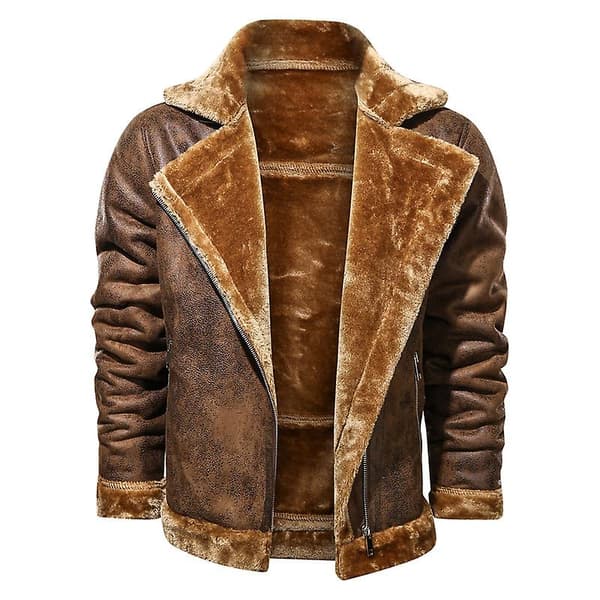 Herr Faux Läderjacka Sherpa Aviator Bomberjacka Brown S