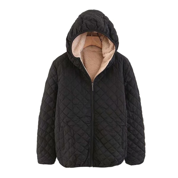 Hettejakke for kvinner, plysjfôr, cellequiltet kort jakke med glidelåslukking 2XL Black