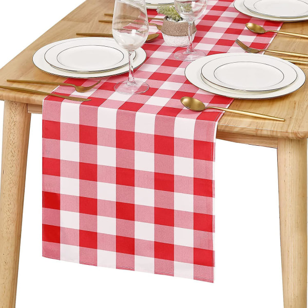 Homes Bordløper For 8-seters Spisestue - Rustikk Landstil Dekor Miljøvennlig Bomull, Dekorativ Homespun Rutete Klut For Fest, Restaurant & Utendørs red 33x275cm