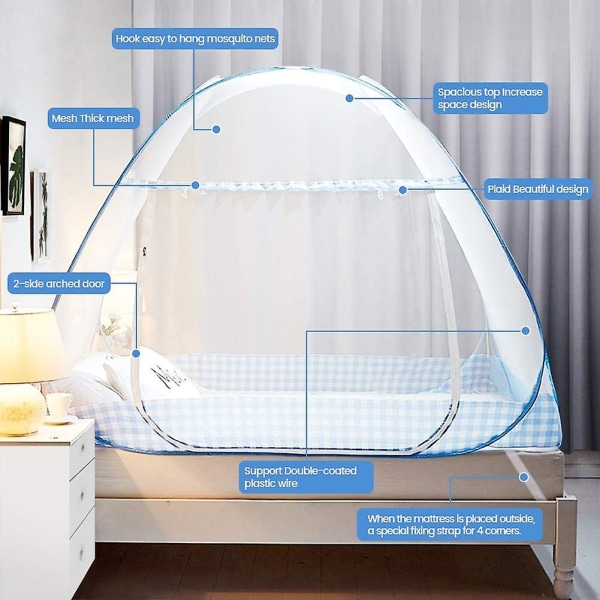 Hopfällbart sängmyggnät, bärbart resemyggnät, dubbeldörrs campingmygggardin, 180 * 200 cm - blå kant