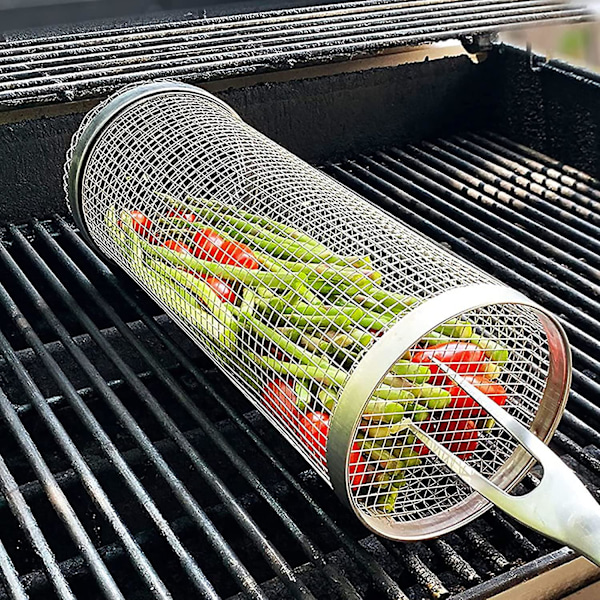 Bbq Rullende Grillkurv, Grillkurv i Rustfritt Stål med Trådnett, Bærbart Utendørs Campingkokekar for Grønnsaker