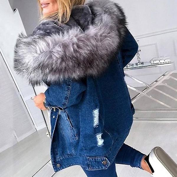 Stilig Parka Retro Plysjkrage Denimjakker Mote Fleeceforet Varm Mellomlang 4XL Gray